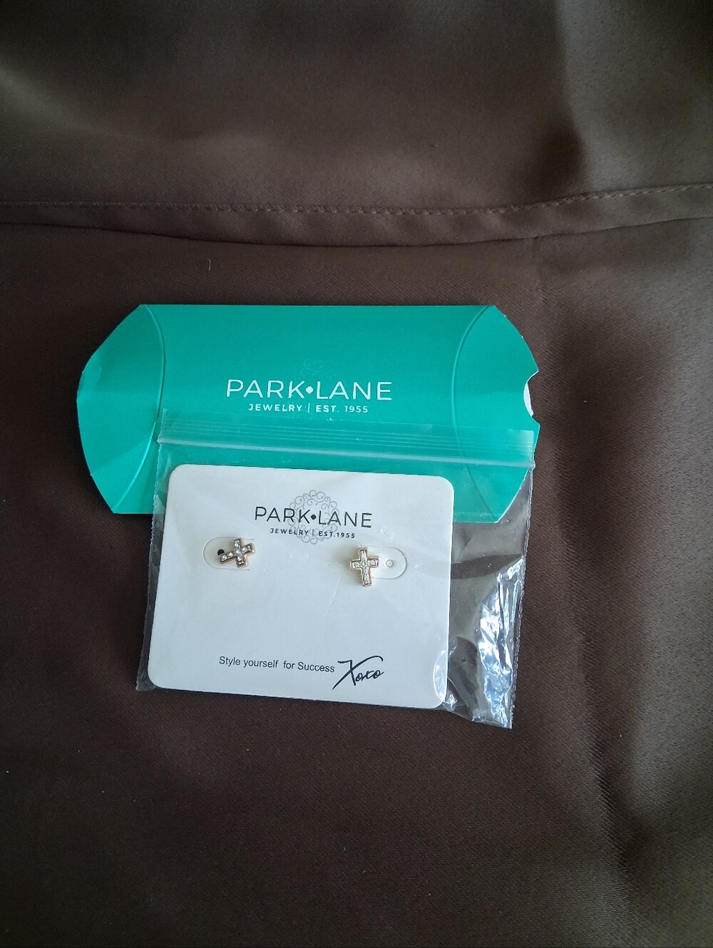 Park Lane Gold Tone Cross Stud Earrings on Display Card